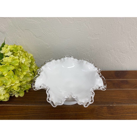 Fenton Silver Crest Milk Glass Compote Dish, Footed Bowl with Ruffled Edge - Picture 2 of 5